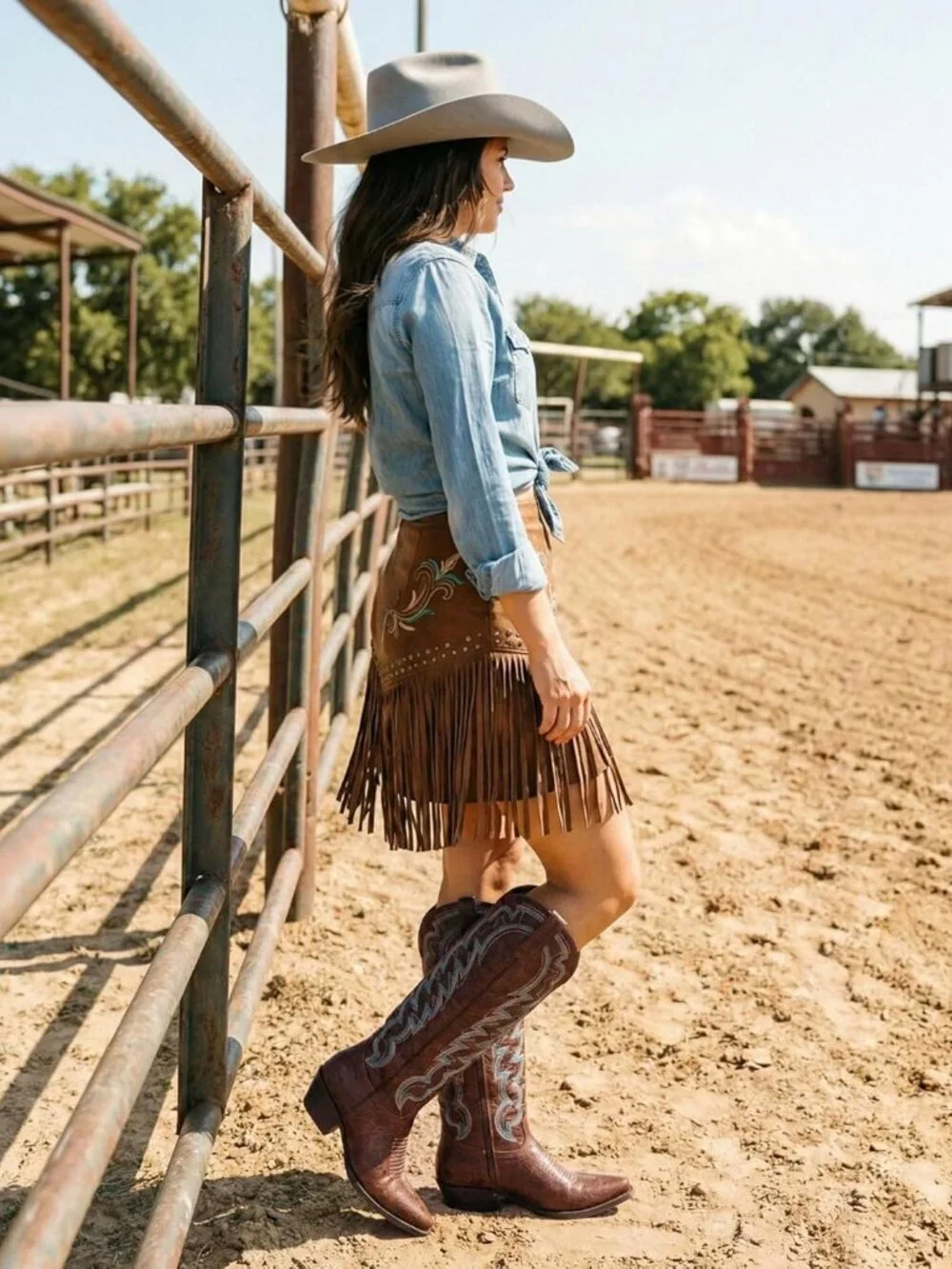 Women's Brown Cowboy Knee High Boots Pointed Wide Calf Chunky Heel Cowgirl